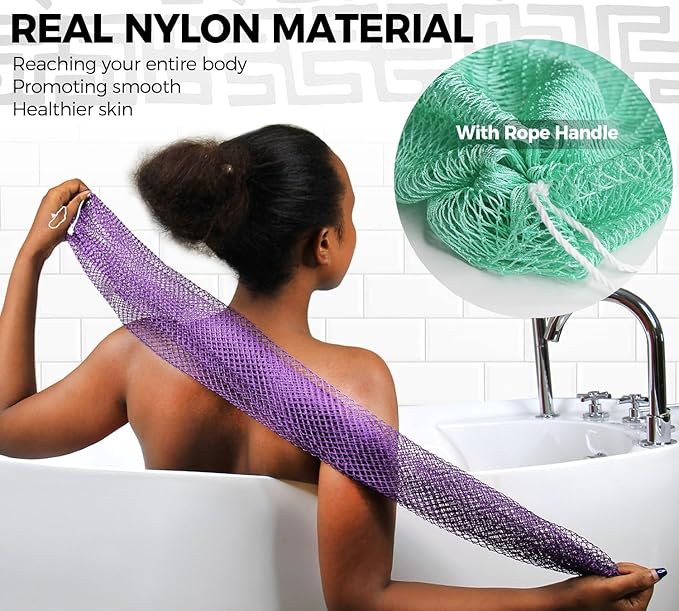 Back Scrubber for Body - 2 Pieces Authentic African Net Sponge with Knots - Exfoliating Washcloth for Afro Scrubber Seawave & Lilac - Shower Exfoliator for Women Self Care Body Loofah Bath Essentials