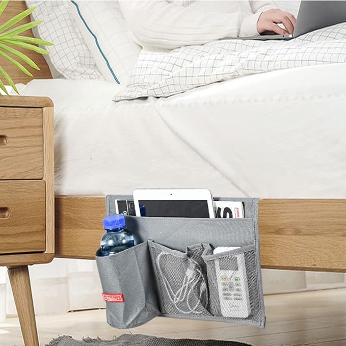 Bedside Caddy, 4 Pockets Bedside Organizer Caddy Under Mattress,Holds Water Bottles,Magazines,Books (Classic 4 Pockets-Grey)