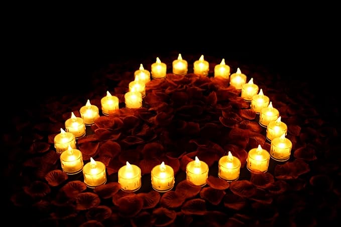 1000Pieces Artificial Rose Petals with 24 Pack LED Tea Lights Candle, Flameless Battery Operated Candles,Romantic Decorations Special Night Set for Valentines, Wedding Decor