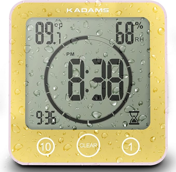 KADAMS Shower Clock Waterproof Bathroom Timer – Digital Wall Clock with Countdown, Magnetic Kitchen Clock with Temperature & Humidity, Suction Cup for Kids Shower Spa Sauna Cook Bath (Yellow)