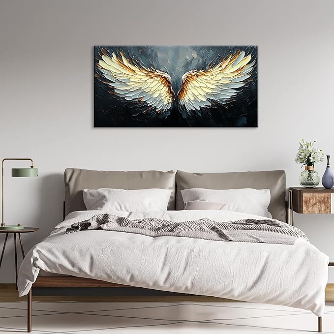 ZESTRILIA Angel Wings Wall Art for Girls Room Gold Gray Canvas Oil Painting Prints Modern Abstract Fantasy Anime Artwork Living Bedroom Office Decor Large (46x23 Inches)