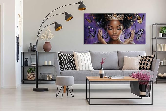 ZESTRILIA African American Wall Art for Girls Room Purple Black Butterfly Canvas Painting Prints Artwork Living Bedroom Office Decor Extra Large (58x28 Inches)