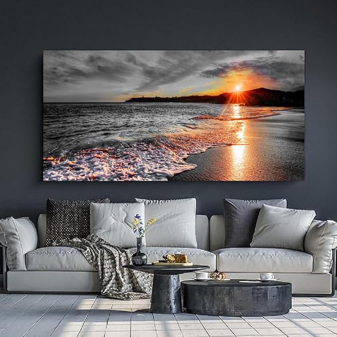 Yxbhhym-Bedroom Wall Decor Black and White Beach Pictures Canvas Wall Art for Living room Seascape Artwork for Walls Ocean Paitnings Poster Sea Sunset Art Print Framed Office Bathroom Decorations
