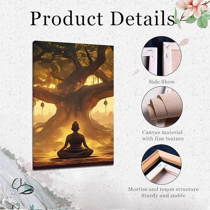 WithHope 3 Piece Buddha Canvas Wall Art, Buddha Home Decor, Buddhist Decorations, Zen Canvas Wall Art, Tree of Life Artwork, Zen Decorations, Modern Painting, Living Room Decor (16" x 24" x 3 pcs)