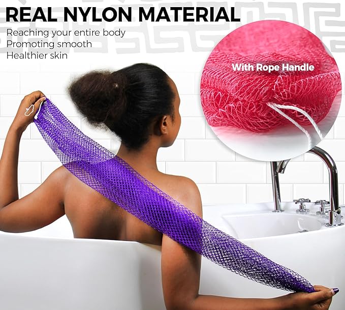 Authentic African Net Sponge with Knots - 2 Pieces Exfoliating Body Sponge Purple & Green - Back Scrubber Shower Exfoliator for Women Personal Care - Shower Scrub for Body Wash Bathing Accessories