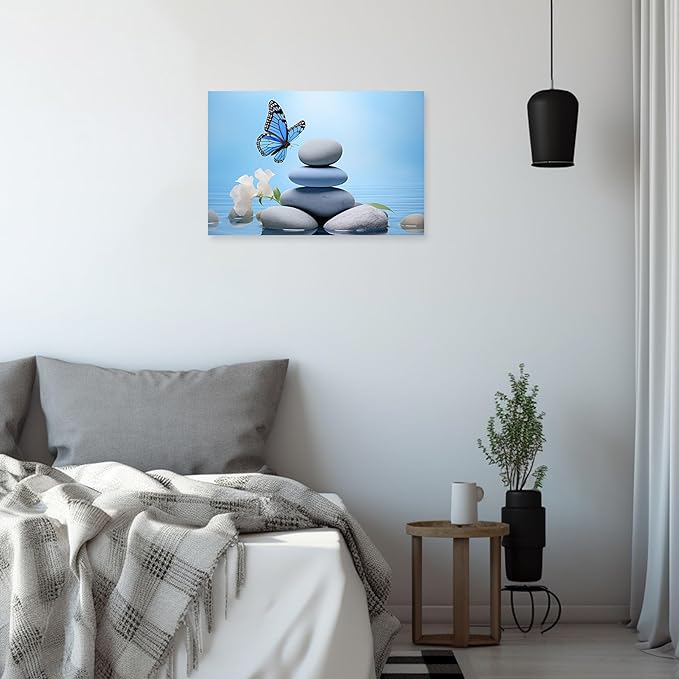 ARTZGX Zen Wall Art for Bathroom Zen Stone Picture Blue Butterfly Painting Still Life Artwork for Yoga Room Decor Frame(Zen - C 20.00" x 30.00")
