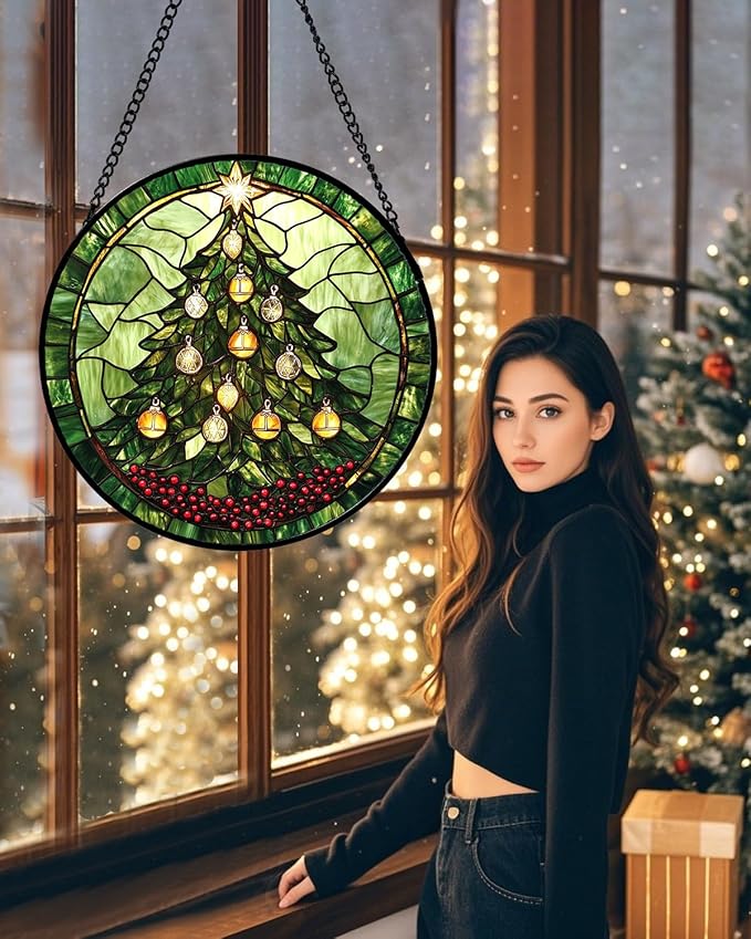 Stained Glass Window Hanging - Green Christmas Tree Golden Bells Suncatcher for Doors Home Christmas Decoration Sun Catcher Thanksgiving New Year Birthday Gift for Women Men Mom Nana 9.8 in