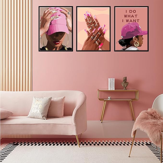 Unframed Black Girl Canvas Wall Art pink trend American Black Woman Posters Prints Wall Decor Pictures for Home Living Room Bedroom study Decoration,Unframed12 x 16inches X3piec