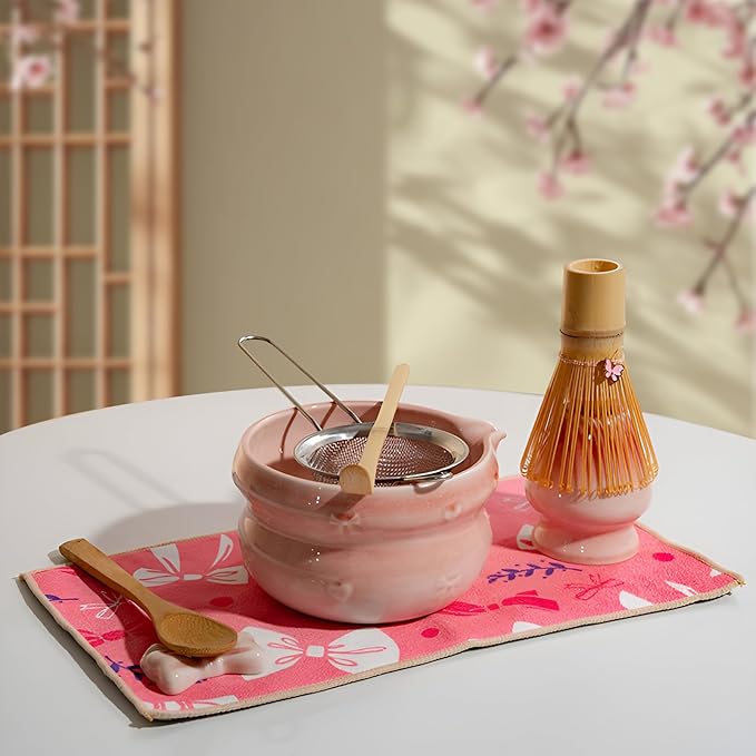 Matcha Whisk Set, 8 PCS Ceramic Set Includes 15-OZ Matcha Bowl with Spout, Bamboo Tea Whisk and Stand, Scoop and Spoon. Matcha Kit for Matcha Lovers and Beginners (pink)