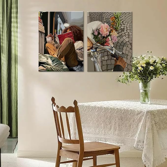 Modern African American Women Wall Art Set of 2,Cozy Reading & Bike Ride with Flowers Painting Canvas Prints,black woman Vintage Aesthetic Poster for Living Room, Bedroom, Office, Framed 16X24in