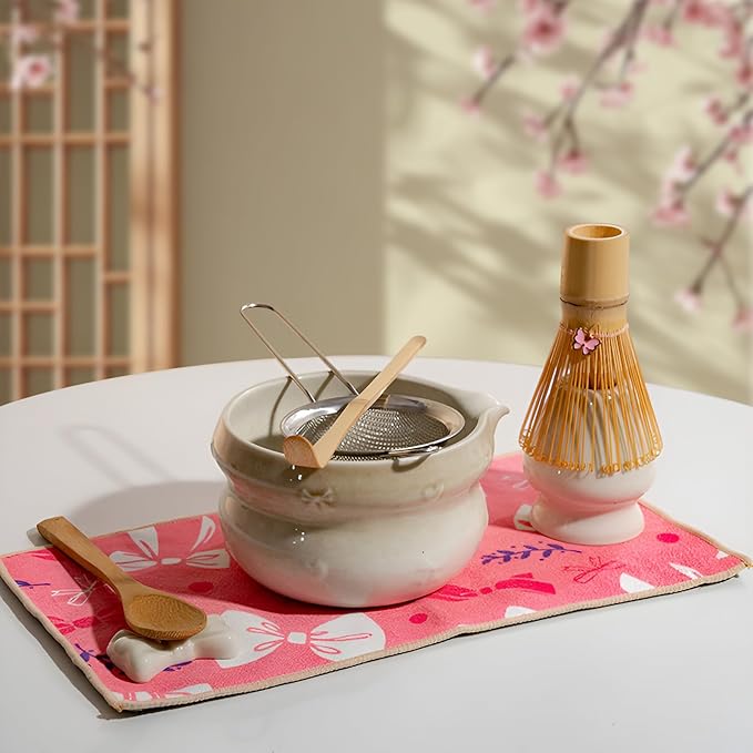 Matcha Whisk Set, 8 PCS Ceramic Set Includes 15-OZ Matcha Bowl with Spout, Bamboo Tea Whisk and Stand, Scoop and Spoon. Matcha Kit for Matcha Lovers and Beginners (white)