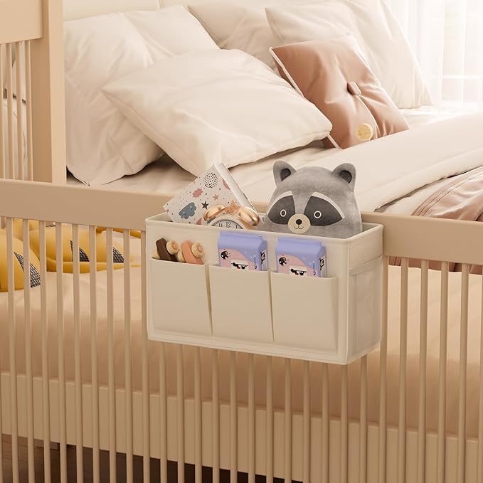 Dual-purpose Bedside Caddy Bedside Organizer, Bed Caddy with 6 Pockets, Versatile Bedside Storage Solution Magazine Remotes holder, ideal for Home, Dorm, Hospital, Crib Bed (White)