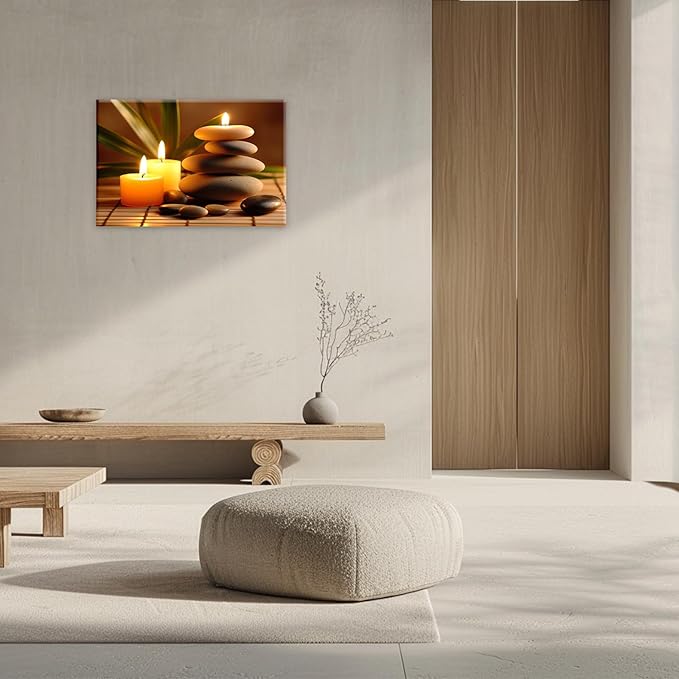 Zen Canvas Wall Art Candles Stones Pictures Print Spa Serene Still Life Painting Meditation Framed Artwork for Spa Yoga Room Bathroom Decor(Artwork-1,24"x36")