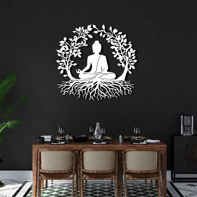 ENJOYOO Tree of Life and Buddha Metal Wall Decor, Tree of Life Wall Art, Buddha Metal Wall Art for Living Room, Bedroom, Outdoor (White, 19×17in/47×44cm, metal wall art)