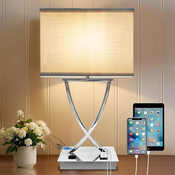 21.38" Table Lamp for Bedroom Living Room 3-Way Dimmable Touch Control Medium Chrome Bedside lamp with USB A+C Ports,Nightstand Lamp with White Linen Shade Bulb Included (White-Chrome)