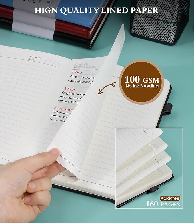 Lined Journal Notebook for Writing, A5 100 GSM Thick Paper, Leather Hardcover Journal for Woman Men, Travel Journal Diary 160 Pages(5.75'' X 8.38'' Black)