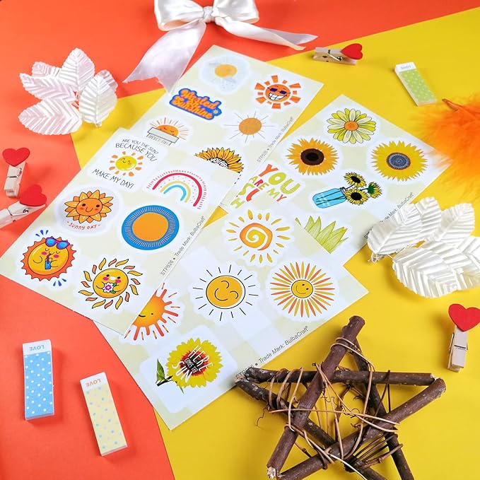 BulbaCraft 100Pcs Small Sunshine Stickers, Sun Stickers and Decals for Laptop and Water Bottles, You are My Sunshine Decals and Party Favors, Sun Birthday Party Decorations, Gifts for Women & Men