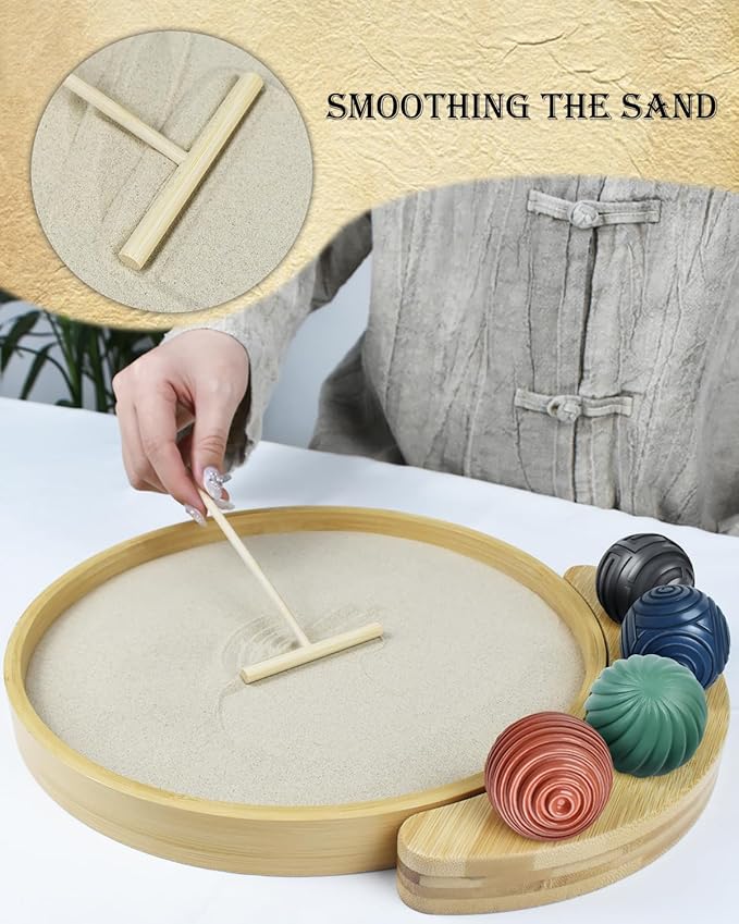 Artcome Jpanese Mini Zen Garden Kit for Desk - Bamboo Sand Tray with 4 Unique Zen Balls & Rake Tools - Relaxation and Meditation Sand Garden for Office, Home & Mindfulness Therapy - Ideal for Gift