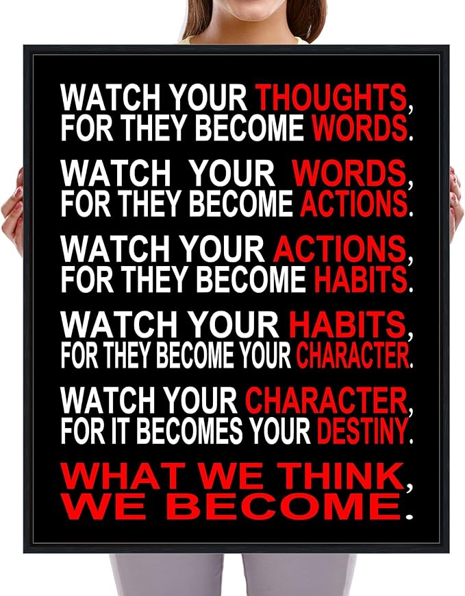 Pyradecor Black Framed Canvas Wall Art Watch Your Thoughts Motivational Classroom Poster Canvas Prints for Office Living Room Home Decorations
