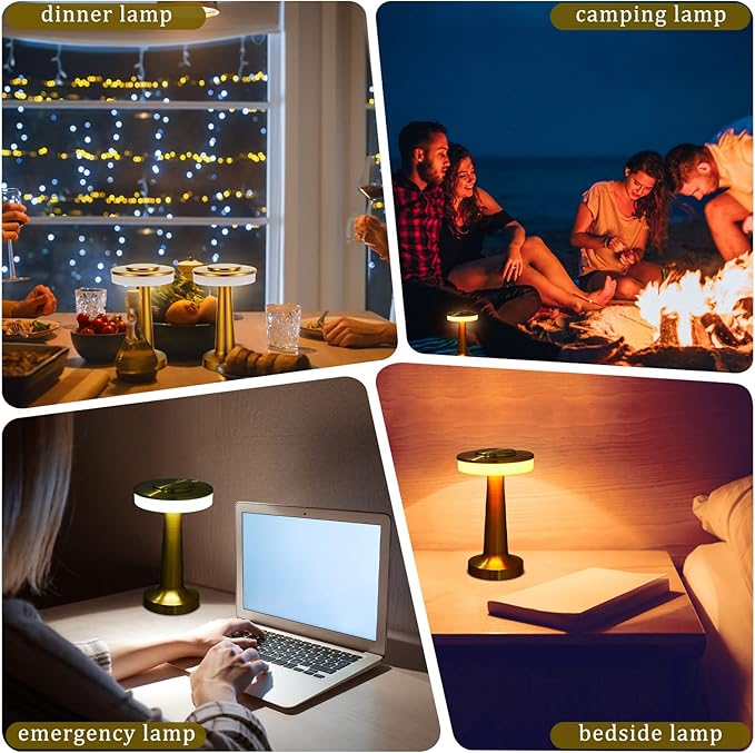 VIHOSE 12 Pcs Gold Cordless Table Lamps LED Portable Rechargeable Table Lamp with Touch Sensor 3 Color Dimming up to 15 Hours Battery Desk Light for Restaurant Nursery Living Room