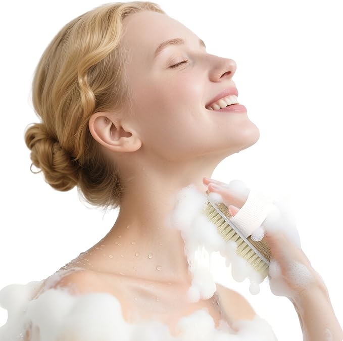 Readaeer Bamboo Bath Brush Set, Long Handles with 2 Removable Brush Heads, Bristle Bristles/Wood Massage Particles, Fine Soft Brush, 3 Brush Heads