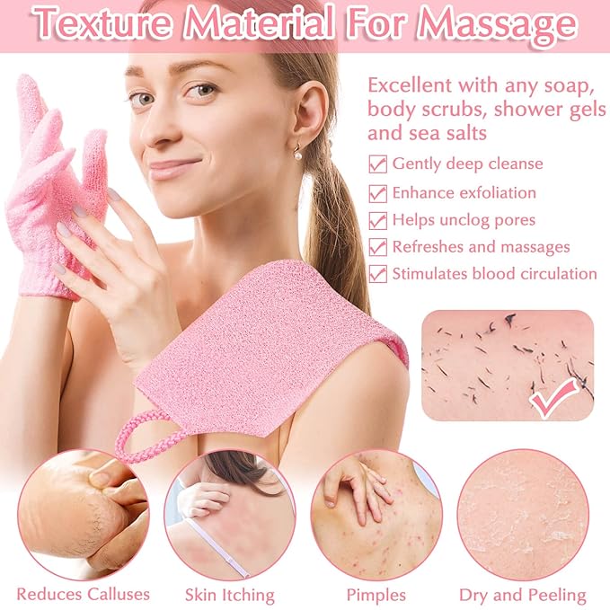Anezus Exfoliating Shower Bath Gloves Back Scrubber Set for Body, Face, Shower, Bath, Scrub and Exfoliator (Pink)