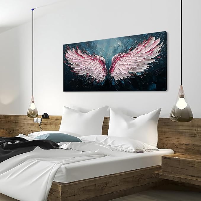 ZESTRILIA Angel Wings Wall Art for Girls Room Pink Navy Blue Canvas Oil Painting Prints Modern Abstract Fantasy Anime Artwork Living Bedroom Office Decor (30x16 Inches)
