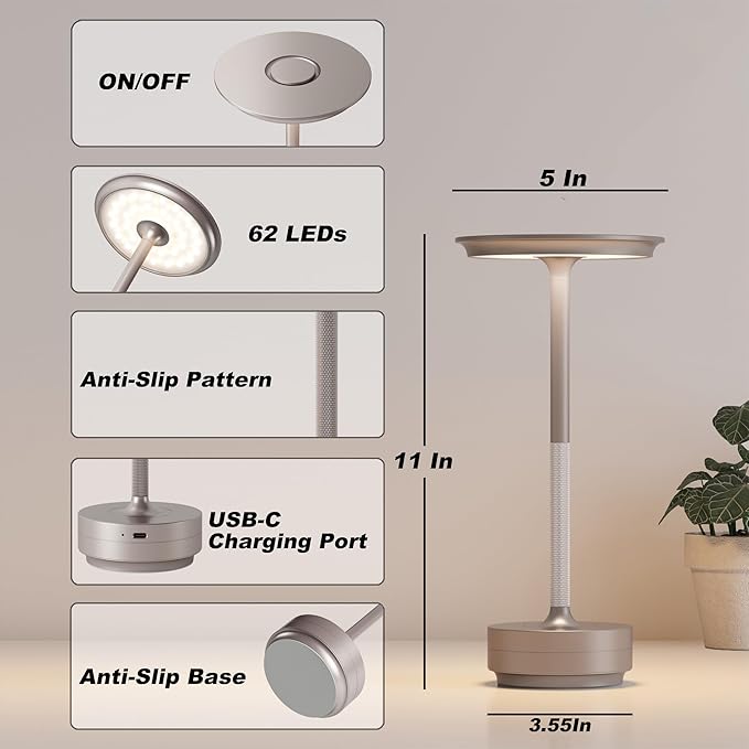 Rechargeable Table Lamps Cordless, Portable 5000mAh Outdoor Table Light, 3 Color Stepless Dimming LED Table Lamp with Memory Function, for Home/Dinner/Patio/Restaurant.(Champagne Gold)