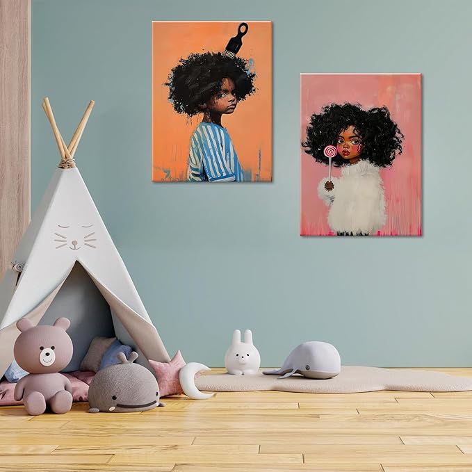 Black Kids Wall Art - Afro American Children Canvas Prints, Modern African American Portrait Paintings for Girls Bedroom, Cute Black Girl Nursery Art, Cultural Wall Decor, Framed16 x 24inches X2piece