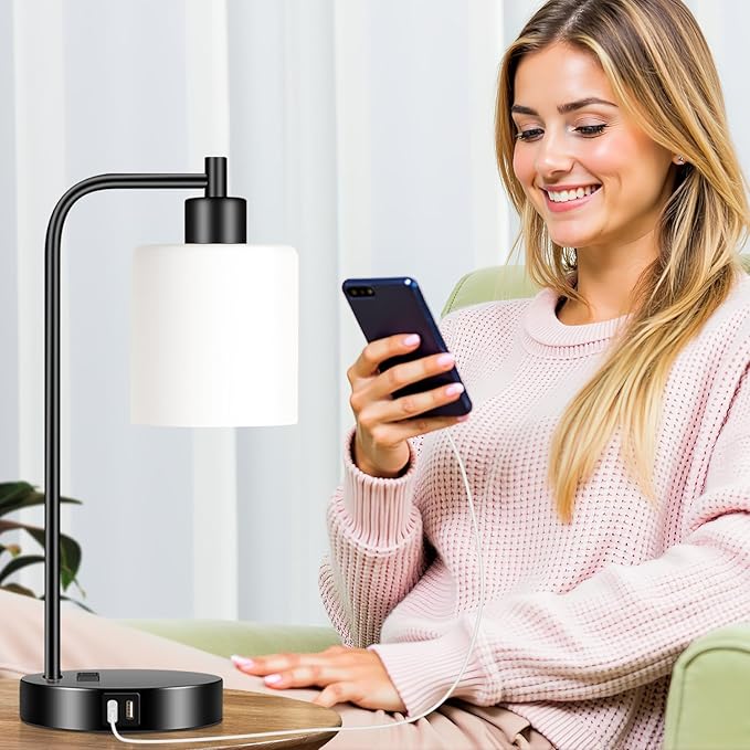 Set of 2 Industrial Touch Control Table Lamps with 2 USB Ports and AC Outlet - 3-Way Dimmable Black Bedside Lamp Nightstand Desk Lamps for Bedroom Living Room, Opal Glass Shade & 2 LED Bulbs Included