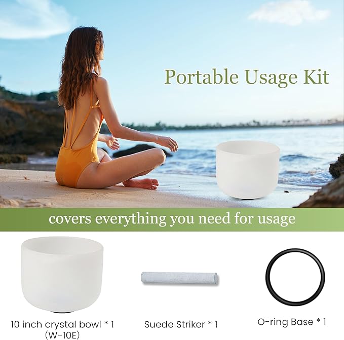 432HZ 10 Inchs Frosted Crystal Singing Bowl Set for Meditation Healing Yoga Chakra Quartz Crystal Sound Bowls with Heavy Duty Carry Case and Rubber Mallet,Suede Striker,O-rings