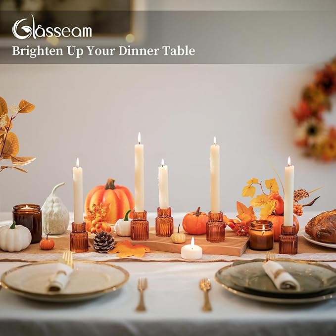 Glasseam Glass Candle Holder for Candlesticks: 20PCS Amber Candle Holders for Taper Candles Small Fall Candle Stick Holders Bulk for Table Wedding Centerpiece Christmas Halloween Living Room Decor