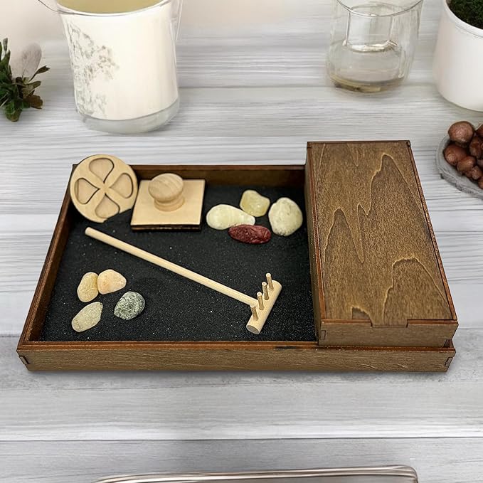 Wooden Zen Garden with Accessories Box | Moonless Night Black Sand with Rake & Accessories | Minimalist Decor Gift for Relaxation | Great for Storing Tools and Other Items