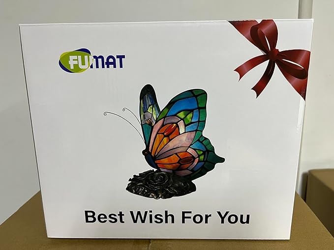 Bedside Table Lamp LED Tiffany Blue Fairy Butterfly Nightstand Table Lamps Stained Glass Shade ON Off Switch Home Office Desk Lamp Night Light Girl Grandma Mothers Day Gifts W/Gift Box
