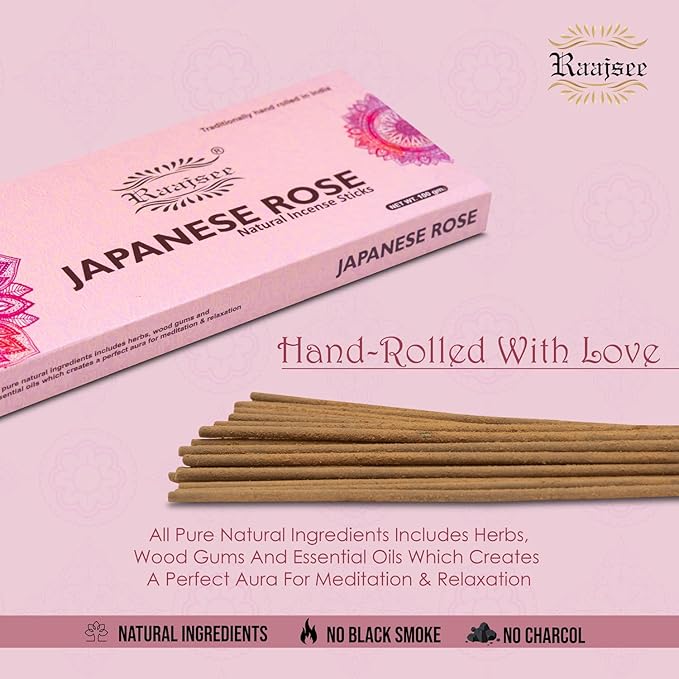Raajsee Japanese Rose Incense Sticks 100 Gm Pack-100% Pure Organic Natural Hand Rolled Free from Chemicals-for Church,Aromatherapy,Relaxation,Meditation & Sensual Therapy