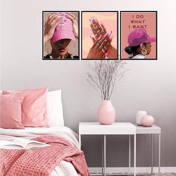 Unframed Black Girl Canvas Wall Art pink trend American Black Woman Posters Prints Wall Decor Pictures for Home Living Room Bedroom study Decoration,Unframed12 x 16inches X3piec