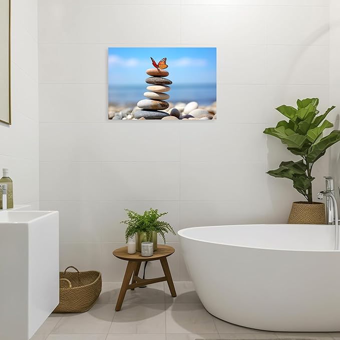 ARTZGX Zen Stone Wall Art Canvas Spa Bathroom Pictures Butterfly Print Meditation Still Life Painting for Yoga Room Decor Frame(Zen - D 20.00" x 30.00")