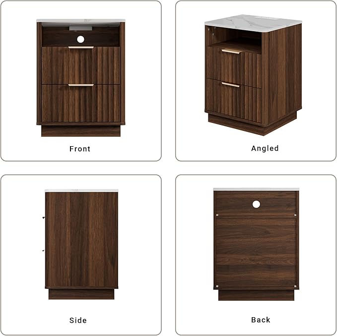 Fluted Nightstand Set of 2 with Charging Station, 18" Modern Night Stand with Faux Marble Top, 2 Drawers End Table with Storage, Bedside Table for Bedroom Living Room,Curved Profile(Walnut)