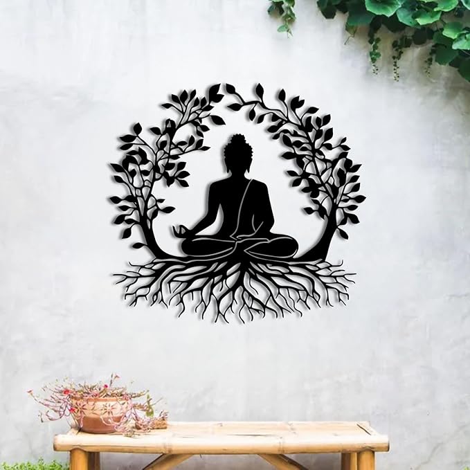 ENJOYOO Tree of Life and Buddha Metal Wall Decor, Tree of Life Wall Art, Buddha Metal Wall Art for Living Room, Bedroom, Outdoor (White, 24×22in/60×56cm, metal wall art)
