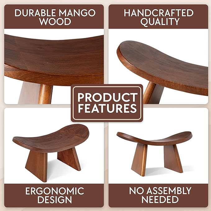 Wood Meditation Ergonomic Kneeling Bench - 16.5" x 8.3" x 7.1" Yoga, Prayer, Meditation Bench - Meditation Stool Made of Strong and Durable Mango Wood - Indoor Outdoor Meditation Seat