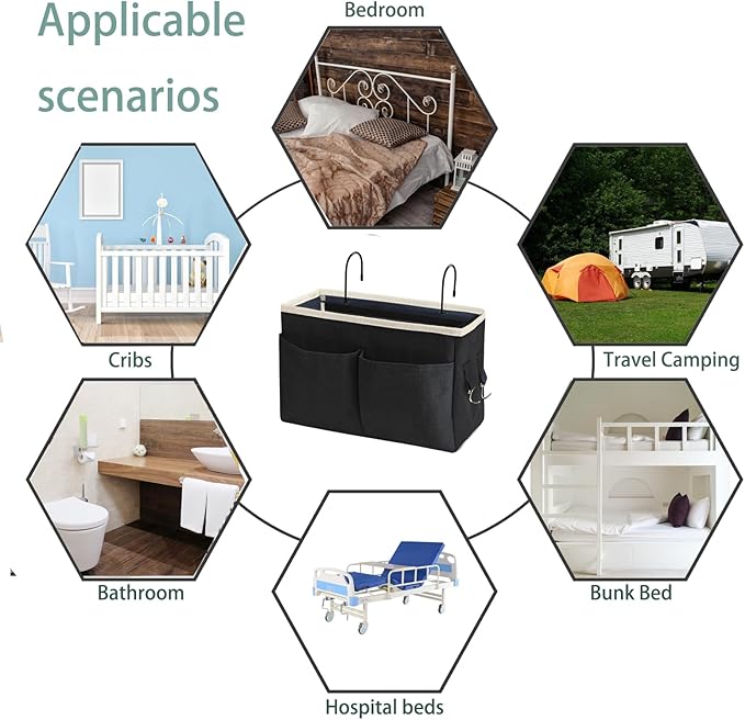 Bedside Caddy Bedside Hanging Storage Basket Multi-Function Organizer Caddy for Bunk and Hospital Beds Dorm Rooms Bed Rails, Can be Placed Glasses Books Mobile Phones(Black)