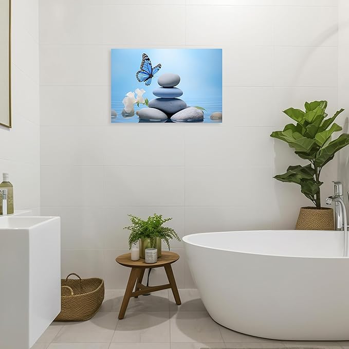 ARTZGX Zen Wall Art for Bathroom Zen Stone Picture Blue Butterfly Painting Still Life Artwork for Yoga Room Decor Frame(Zen - C 20.00" x 30.00")