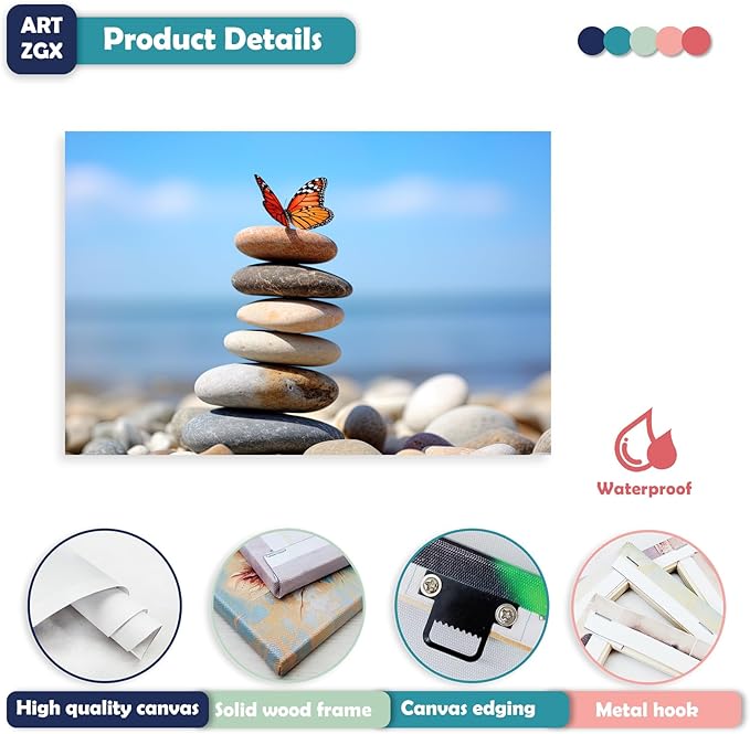 ARTZGX Zen Stone Wall Art Canvas Spa Bathroom Pictures Butterfly Print Meditation Still Life Painting for Yoga Room Decor Frame(Zen - D 20.00" x 30.00")