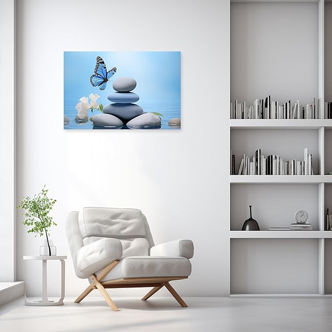 ARTZGX Zen Wall Art for Bathroom Zen Stone Picture Blue Butterfly Painting Still Life Artwork for Yoga Room Decor Frame(Zen - C 20.00" x 30.00")