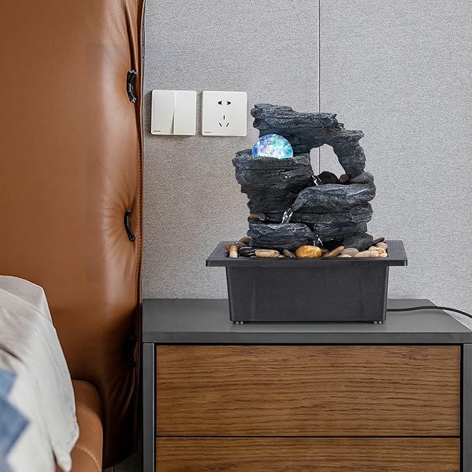 Tabletop Fountain Rotating Ball Rock Waterfall Fountain Office Includes Many Natural River Rocks Decorated with Colorful Lights, 9.05" L x 6.89" W x 10.23" H