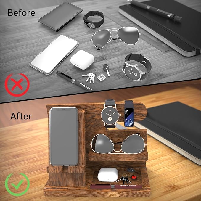Birthday Gifts for Men Wooden Phone Docking Station Organizer Dad Birthday Nightstand Organizer Desk Wood Gifts Valentines Day Gifts