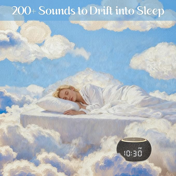 White Noise Sound Machine for Sleep, Dual-Stage Alarm, Snooze, Smart App Control, Custom Buttons, 507 Non Looping Soothing Sounds, Dimmable Clock, Timer, Night Light, for Baby Adults Kids Black