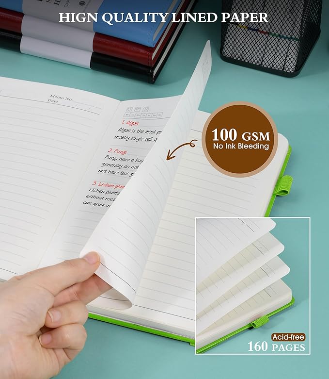 Lined Journal Notebook for Writing, A5 100 GSM Thick Paper, Leather Hardcover Journal for Woman Men, Travel Journal Diary 160 Pages(5.75'' X 8.38'' Lightgreen)