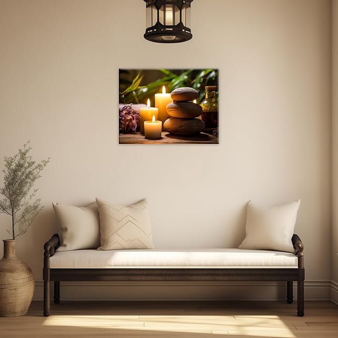 GLOKAKA Zen Canvas Wall Art Stacked Spa Stones White Candle Painting Relaxation Artwork Meditation Decor for Spa Yoga Room Bathroom Ready To Hang(Artwork-3,20"x30")