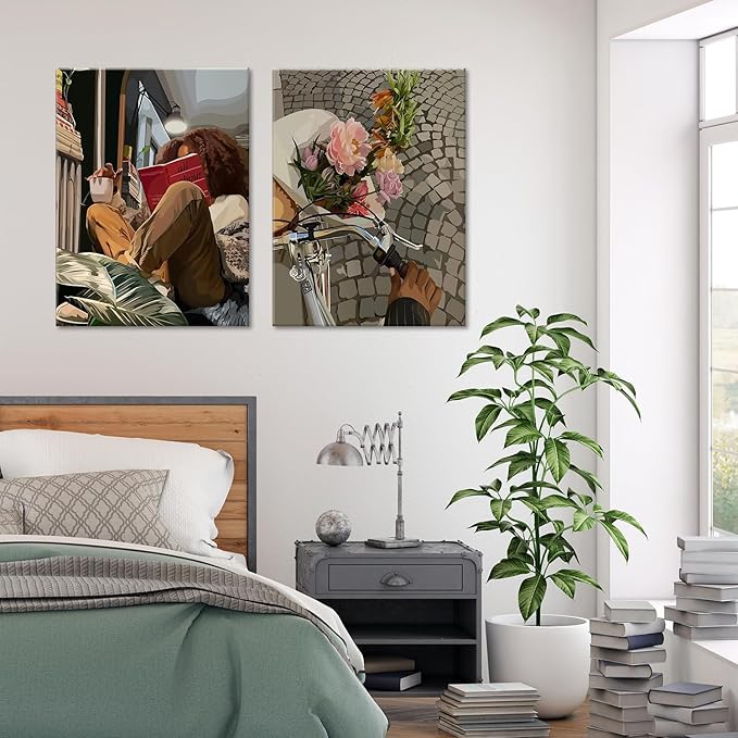 Modern African American Women Wall Art Set of 2,Cozy Reading & Bike Ride with Flowers Painting Canvas Prints,black woman Vintage Aesthetic Poster for Living Room, Bedroom, Office, Framed 16X24in